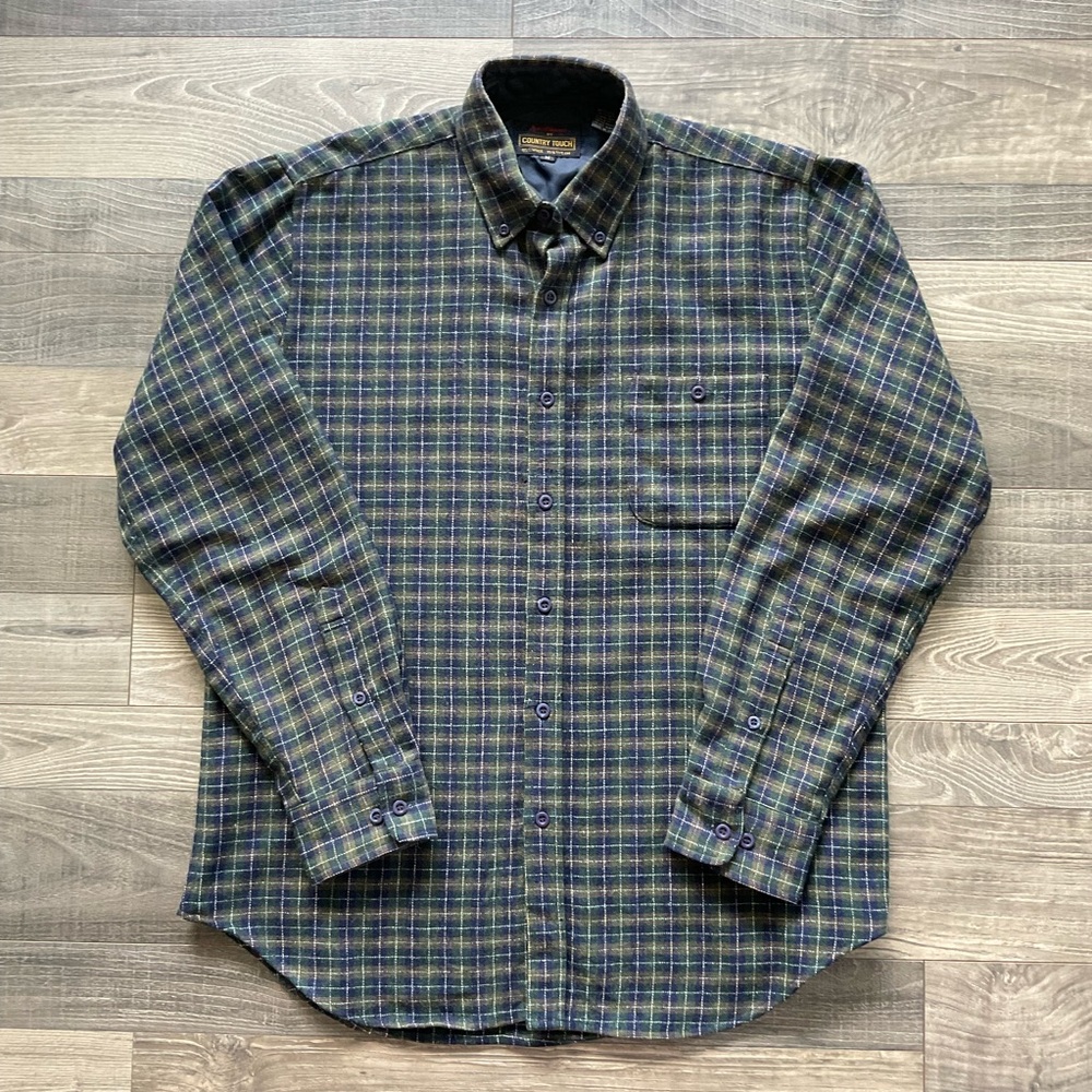 VTG Sportswear by Country Touch Wool Flannel Shirt Men’s MEDIUM Blue Green Plaid